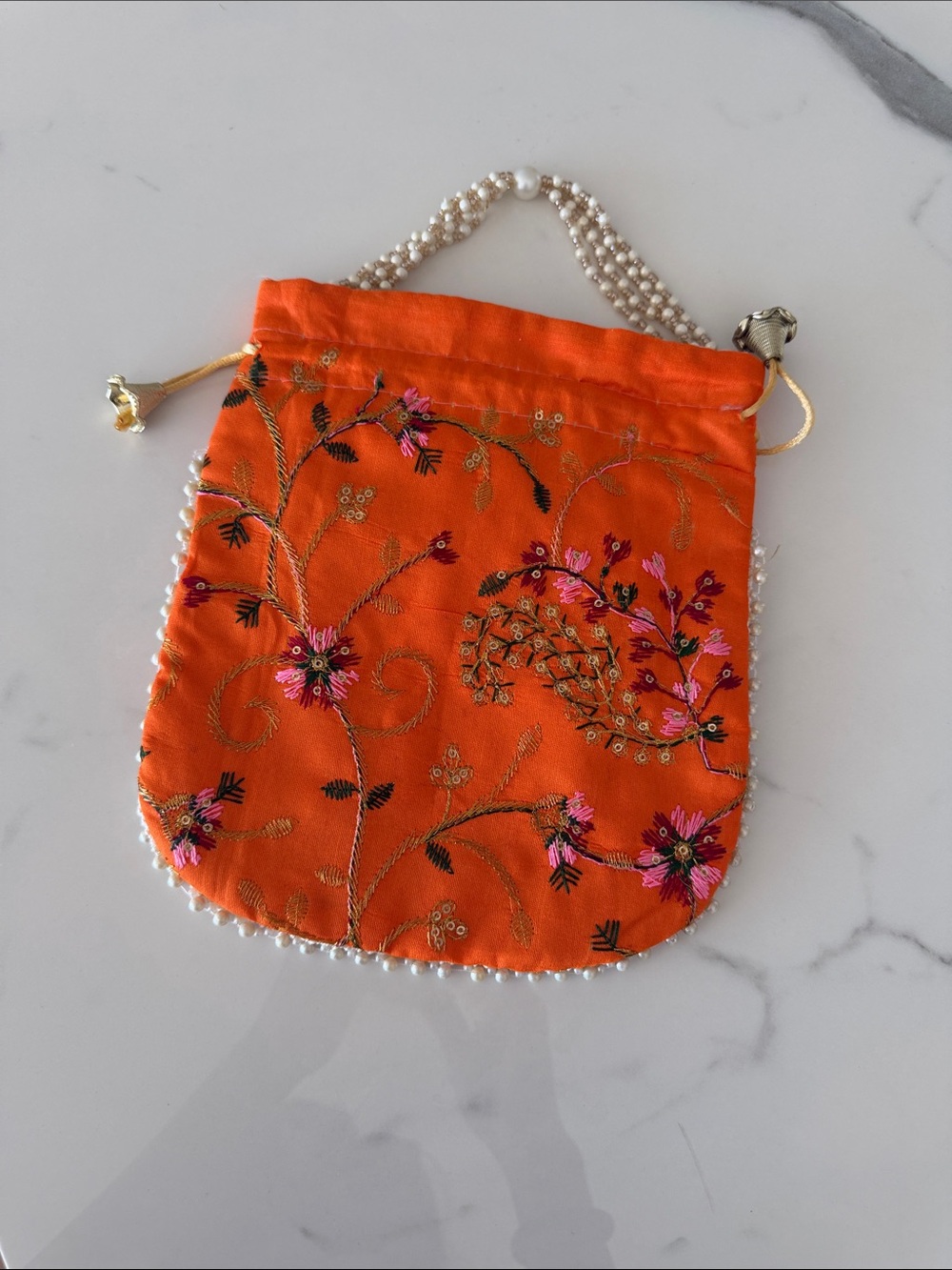 Orange Floral Embroidered Drawstring Evening Bag with Pearl Handle